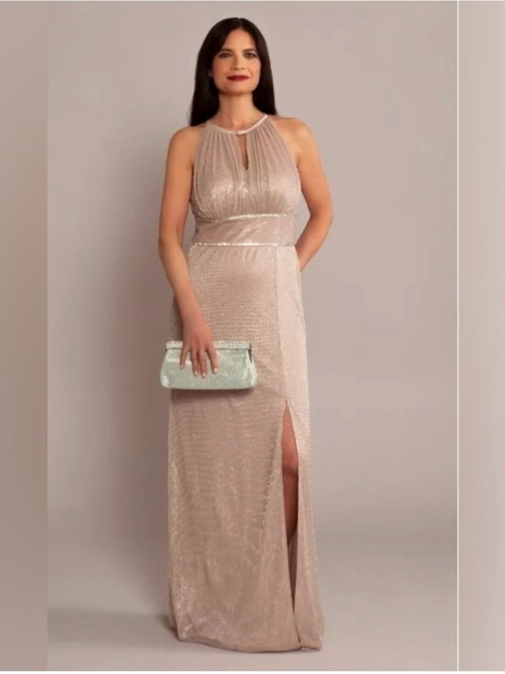 Oleg Cassini Pink Plus Size Pleated Long Halter Dress with Keyhole Size 14